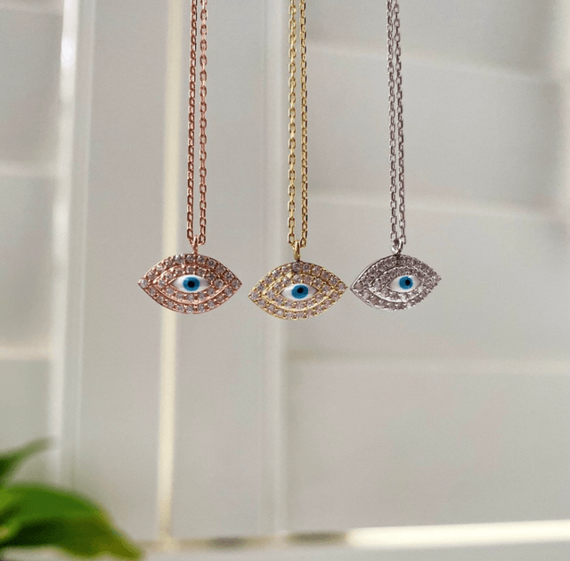 Eye Shaped with Diamonds & Hand Painted Enamel Pendant Necklace