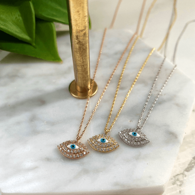 Eye Shaped with Diamonds & Hand Painted Enamel Pendant Necklace