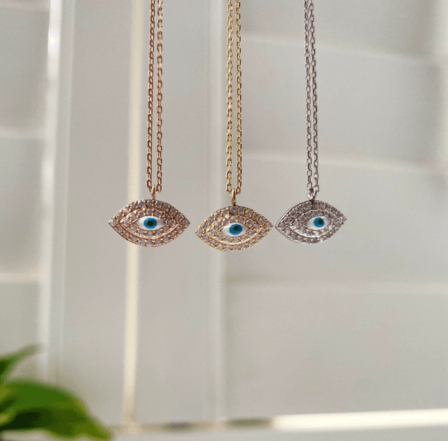 Eye Shaped with Diamonds &amp; Hand Painted Enamel Pendant Necklace