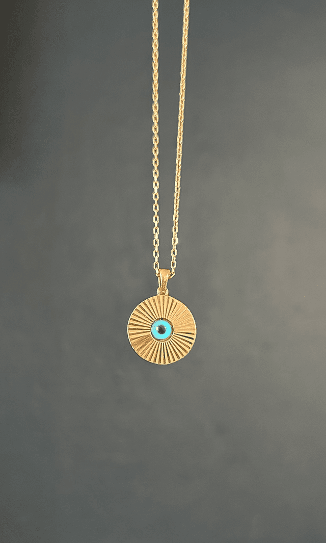 Evil Eye Gold Surround Disc Pendant Necklace 